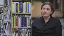 Till vänster en bild på böcker i en bokhylla och till höger är det fackförbundets DIKs ordföranda Anna Troberg