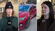 Tredelad bild. Vänster: SVT-reporter i vinterkläder. Mitten: Röd bil med skador. Höger: Person i mörk tröja.