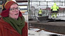 Kvinna på perrongen i Göteborg och delar av tak som blåst ner på spåret
