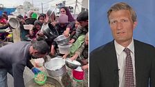 Personer får mat utdelat i Gaza och Carl Skau, operativ chef FN:s livsmedelsprogram