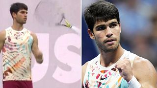 Här spexar Carlos Alcaraz med racket