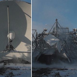 Se när Kirunas enorma landmärke krossas