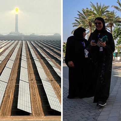 Solcellspark i Saudiarabien / kvinnor på väg in till COP28 i Dubai / Kraftverk.