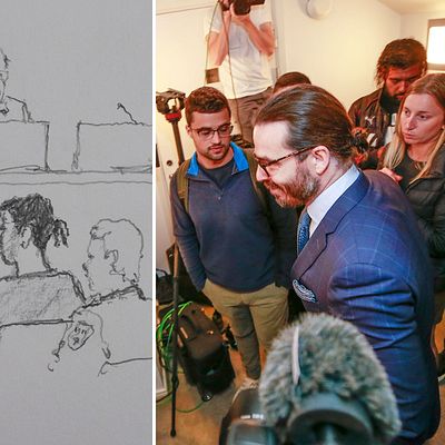 ASAP Rockys advokat Slobodán Jovicic pressade målsäganden under den andra rättegångsdagen. Till vänster en skiss på ASAP Rocky i rätten.
