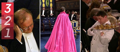 Tre kända ögonblick från Nobelfester genom åren. Göran Persson pratar i telefon, Sara Danius har sin stora rosa klänning och en servitör tappar en rotselleri på en gäst.