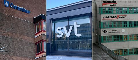 Tredelad bild med Österåkers kommunhus, SVT:s fasad och Mandos fastighet i Flemingsberg