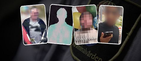 Fyra anonymiserade porträtt framför en Kriminalvården-uniform.