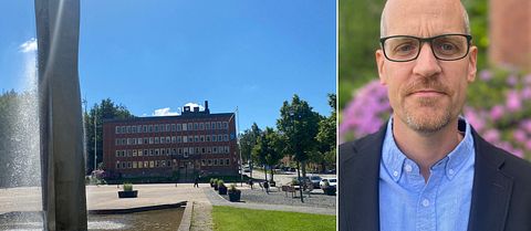 Bilden är delad i två. Den vänstra bilden är en bild över stadshuset i Flen med en fontän i förgrunden på vänster sida. Den högra bilden är en porträttbild på Daniel Ljungkvist (S), ordförande i socialnämnden i Flen.