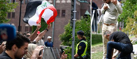 Delad bild. Till vänster personer bakom kravallstaket. Till höger en person som håller upp en megafon och en telefon.