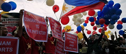 Demonstranter firar domen i Manila, Filippinerna