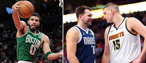 NBA-stjärnorna Jayson Tatum, Luka Doncic och Nikola Jokic.