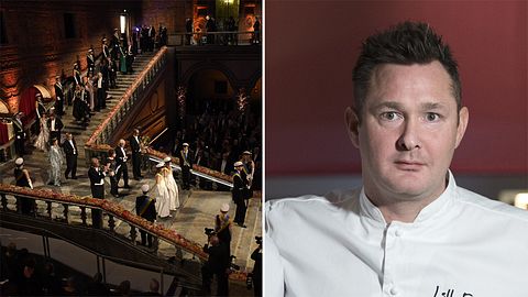 Till vänster hedersgästerna anländer till förra årets Nobelmiddag. Till höger en bild av Tom Sjöstedt i vit kockskjorta.