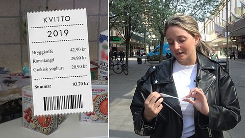 Reporter håller upp ett kvitto. Där hon jämför matpriserna mellan 2019 och 2023.