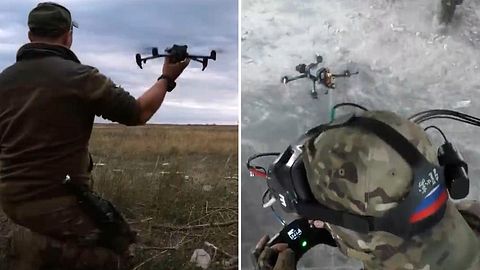 En soldat som håller en drönare och till höger en annan soldat som har specialle glasögon på sig och flyger en drönare.