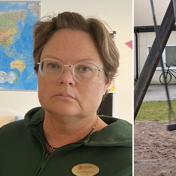 t.h Lisette Begquist, lärare i Alstermo. t.v en hänggunga och flera gungor i en större sandlåda.