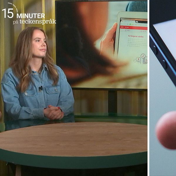 kvinna står vid ett studiobord, i bakgrunden syns en skärm med en bild på en person som använder 1177.se. Till höger en mobil där en tecknad figur av en läkare syns på skärmen