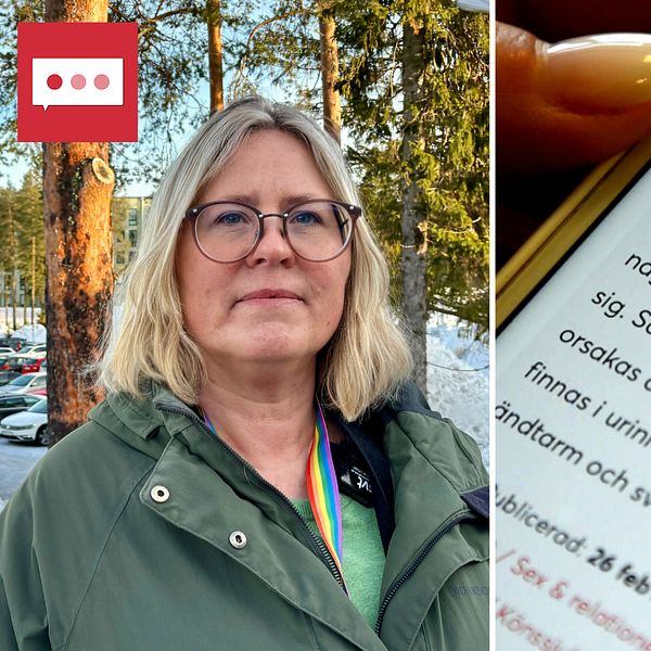 Delad bild: Till vänster syns en person klädd i grön jacka stående utomhus med skog i bakgrunden. Till höger visas en smartphone med en webbsida öppen som handlar om klamydia och dess symtom.