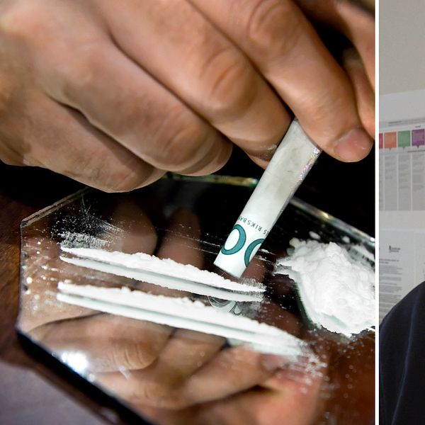 Kokain på en spegel som dras upp i näsan med en rullad sedel och Robert Gatugård, narkotikaförebyggare på Sundsvalls kommun