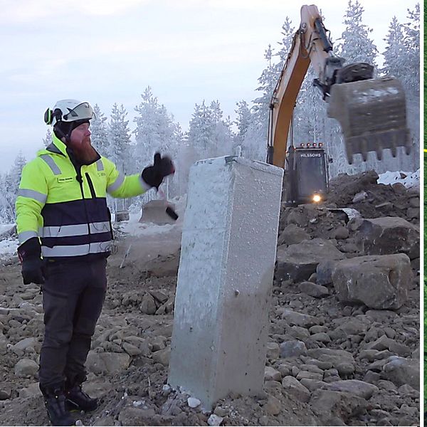 En byggarbetare och lyftkran vd bygget för Aurora Line, samt en kartbild som pekar ut Risudden utanför Luleå.