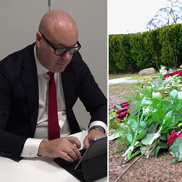 Målsägandebiträdena Andreas Hannah till vänster och en hög med blommor till vänster.