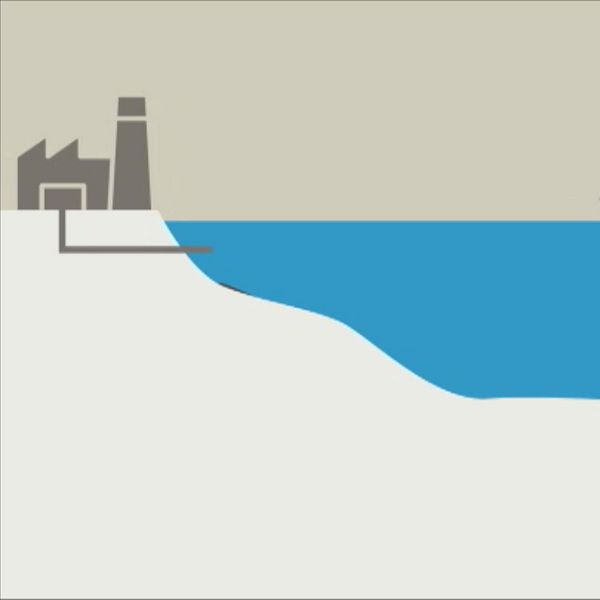 Illustration av ett kraftverk vid kusten med ett fartyg i havet.