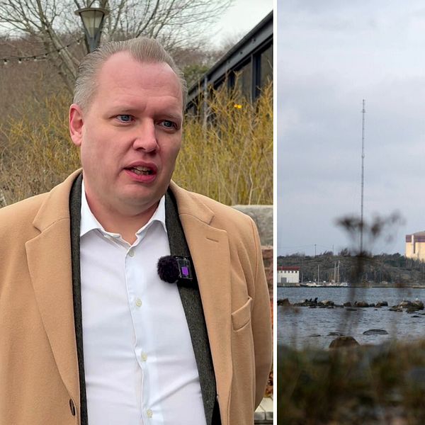 David, Sandrén (M), kommunstyrelsens ordförande i Varberg, vid sidan av en arkivbild på ett kärnkraftverk.