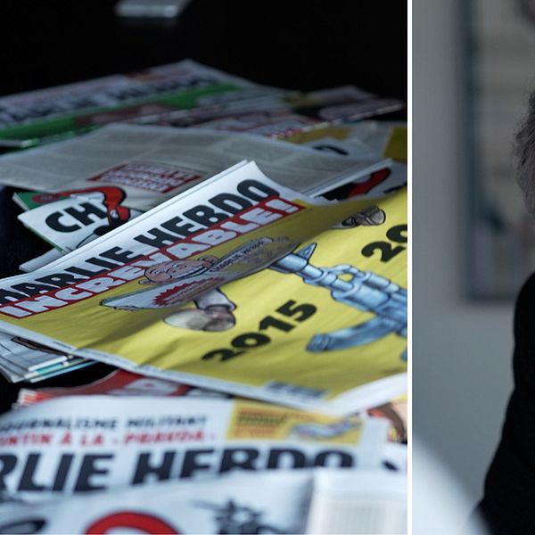 Delad bild. Vänster: Charlie Hebdo-tidningar. Höger: person i mörk tröja vid ett bord.