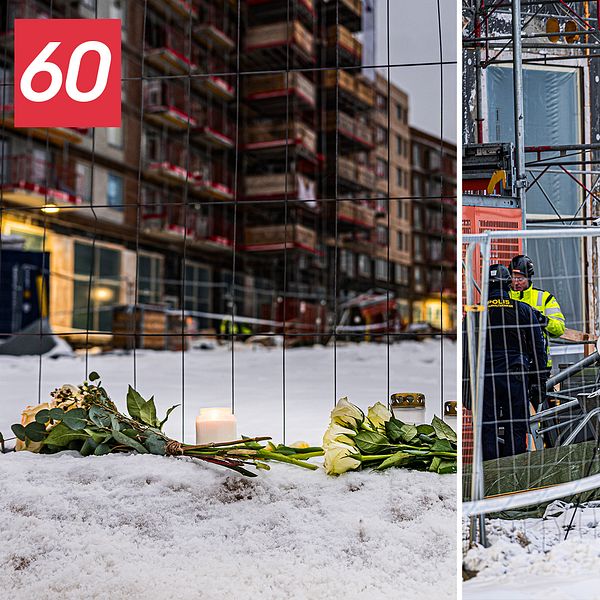 Blommor och ljus framför stängsel till byggarbetsplatsen där hissolyckan inträffade.