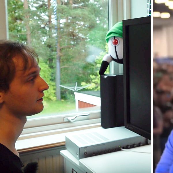 Till vänster: studenten och spelutvecklaren Noah Moltenberg Lundén som sitter framför sin datorskärm och spelar spelet ”Blind Survival”. Till höger: En bild på gamern och streamern ”Blind Warrior Sven”.