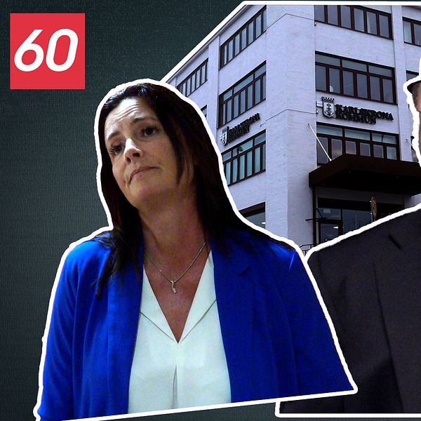 Två personer är porträtterade i förgrunden, klädda i formella kläder, framför en modern byggnad som verkar hysa ett företag eller kontor. Byggnaden har stora fönster och en namnskylt synlig ovanför ingången. I övre vänstra hörnet finns en röd text med siffran 60.