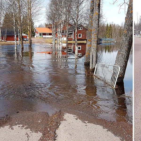 översvämning runt ett hus och en vägskylt som varnar för översvämning