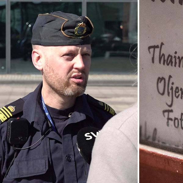 Delad bild. Till vänster: polis i uniform. Till höger: skylt med priser för olika massagebehandlingar.
