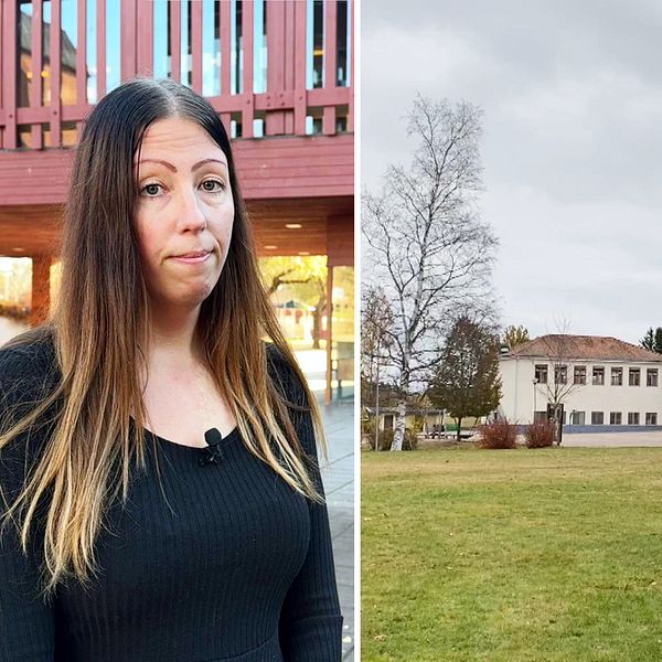 En delad bild som visar två scener. Till vänster står Åsa Olsson, initiativtagare till namninsamlingen i långt hår och en svart tröja. Till höger syns en stor byggnad med vit fasad, Västerby skola.