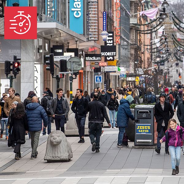 Människor på Drottninggatan i Stockholm och Alexander Norén