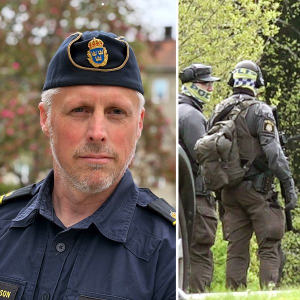 Delad bild. Till vänster syns en polis i uniform, till höger tungt beväpnad insatsstyrka vid bil.