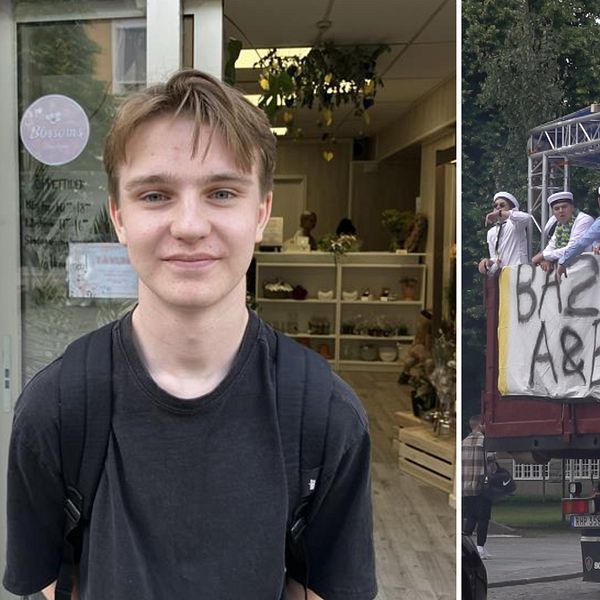 t.h ungdom som står och tittar i kameran. t,v studenter som firar sin studentexamen på ett studentflak