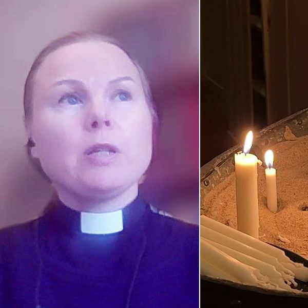 Delad bild: Första delen visar en person i en prästkrage. Andra delen visar ett antal tända ljus placerade i sand, omgivna av sandstenar, i en kyrklig eller meditativ kontext.