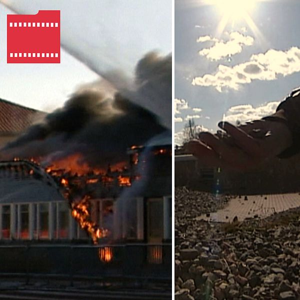 Tre bilder från STrandenområdet – en på branden 2003, en på en hand som håller grus och en på kommunens ritning av nya skolan.