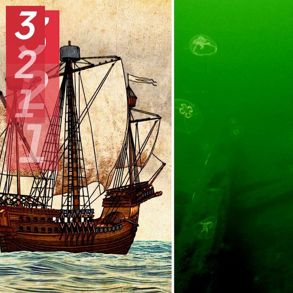 Tvådelad bild på dels illustration av medeltidsskeppet Gribshunden och dels på dykare under havsytan.