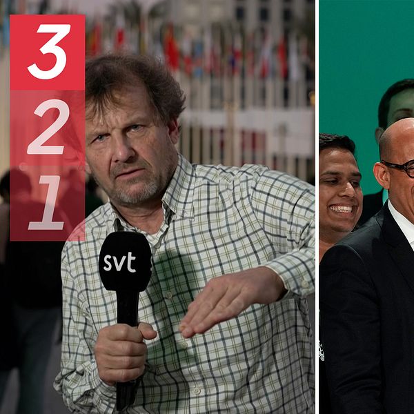 SVT:s reporter Johan Zachrisson Winberg och COP-ordföranden Sultan al-Jaber