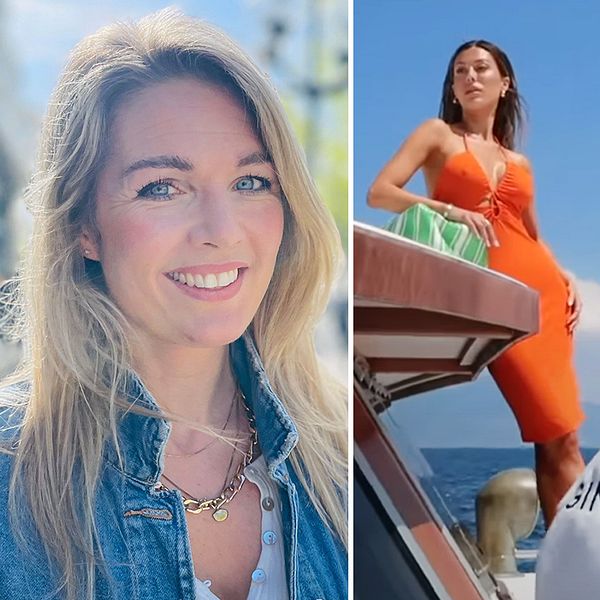 Kommunikationskonsult, kvinna i ljus hår och jeansskjorta samt bild på Bianca Ingrosso – kvinna i orange klänning på båt