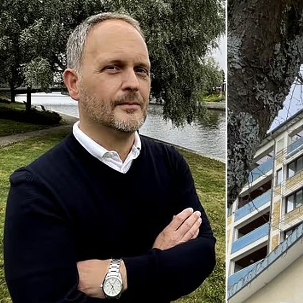 man ståendes vid selångersån och fasad sollefteå sjukhus