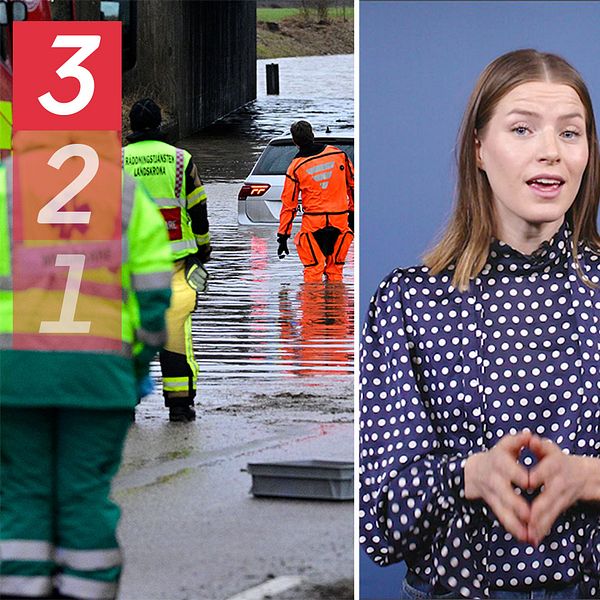 Tredelad bild. Till vänster syns en bild täckt under vatten och räddningsarbetare runt om. Det är en symbol på bilden, med siffrorna ”3,2,1” som indikerar en nedräkning. I mitten av bilden syns SVT:s reporter som berättar något framför en blå bakgrund. Till höger syns en fästing.