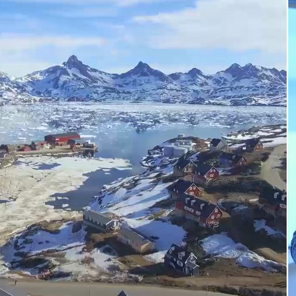 Tvådelad bild. Vänster: kustområde med is och berg. Höger: person föreläser inomhus.