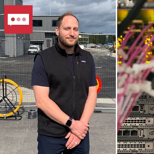 man som står framför byggnad, sladdar som kopplas in i dator