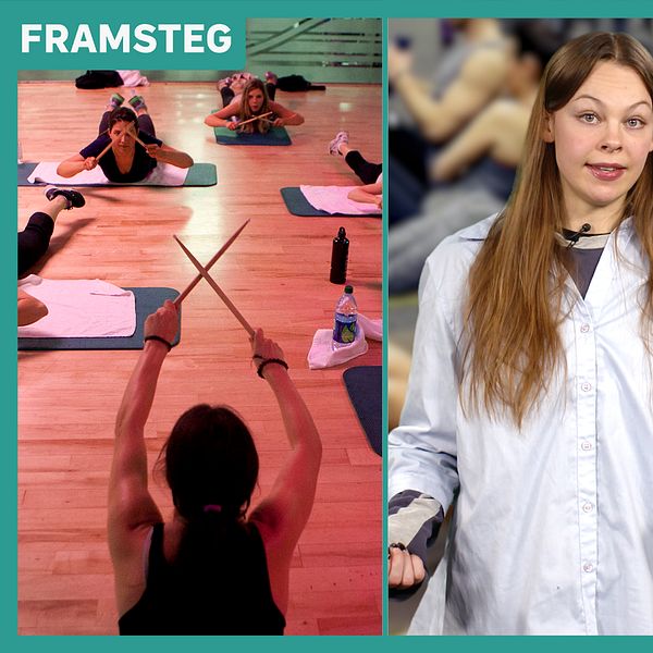 Bild på gruppträning, reporter och kettlebell.