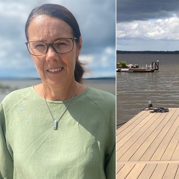 Bilden är delad i två. Den vänstra bilden är en porträttbild på Maria Walde. En kvinna i medelåldern. Hon har på sig en grön blus och ett halsband i silver. Hon tittar in i kameran. Hon har mörkt hår uppsatt i en hästsvans och brunaktiga glasögon. Den högra bilden är en bild tagen bakifrån på Maria Walde. Hon sitter på sin brygga och tittar ut över Mälaren.