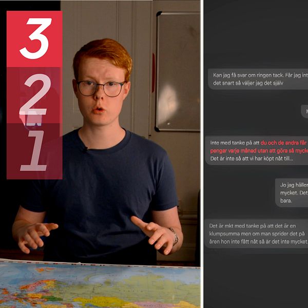 Bilden är en delad bild med tre sektioner. Den första sektionen visar reportern som sitter framför en karta med händerna synliga, och det är ett nummer ”3” i röd färg i det övre vänstra hörnet. Den andra sektionen visar en textkonversation på en mörk bakgrund. Den tredje sektionen visar en advokaten David Massi i en kontorsmiljö, klädd i en mörk kostym.
