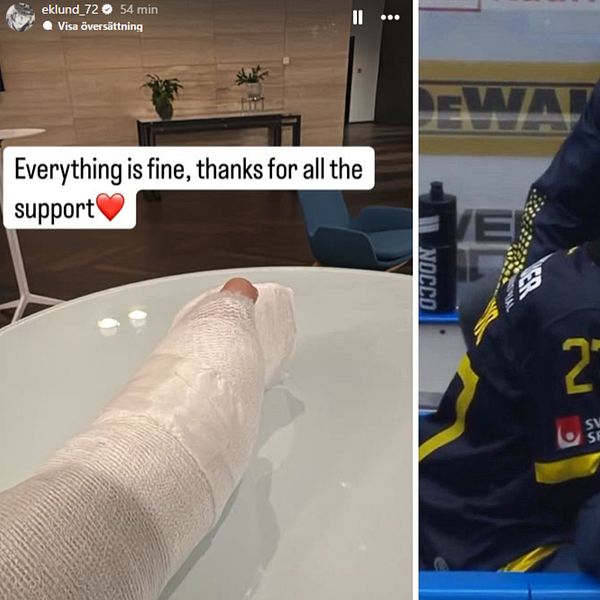 Delad bild. Vänster: bandagerad fot med tackmeddelande. Höger: hockeyspelare på avbytarbänk.