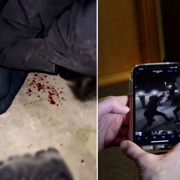 En pojke blöder på golvet. Våldsam film visas på en mobil.